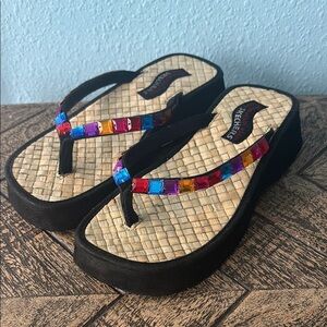 Vintage Skechers Jeweled Flip Flops. Raffia Woven Insole | Y2K Boho Sandals